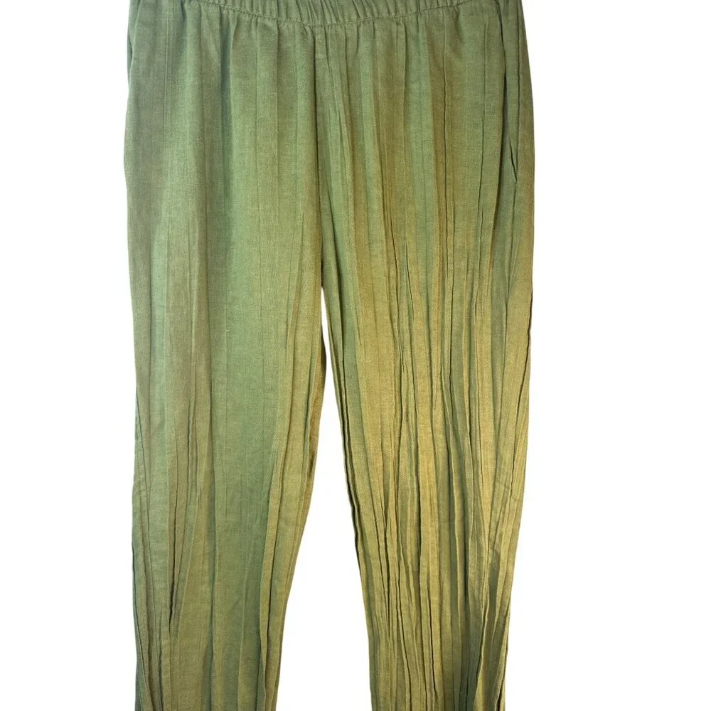 2/$30 ZARA Size Small Linen-Blend Crease Effect Pants Green Elastic Waist